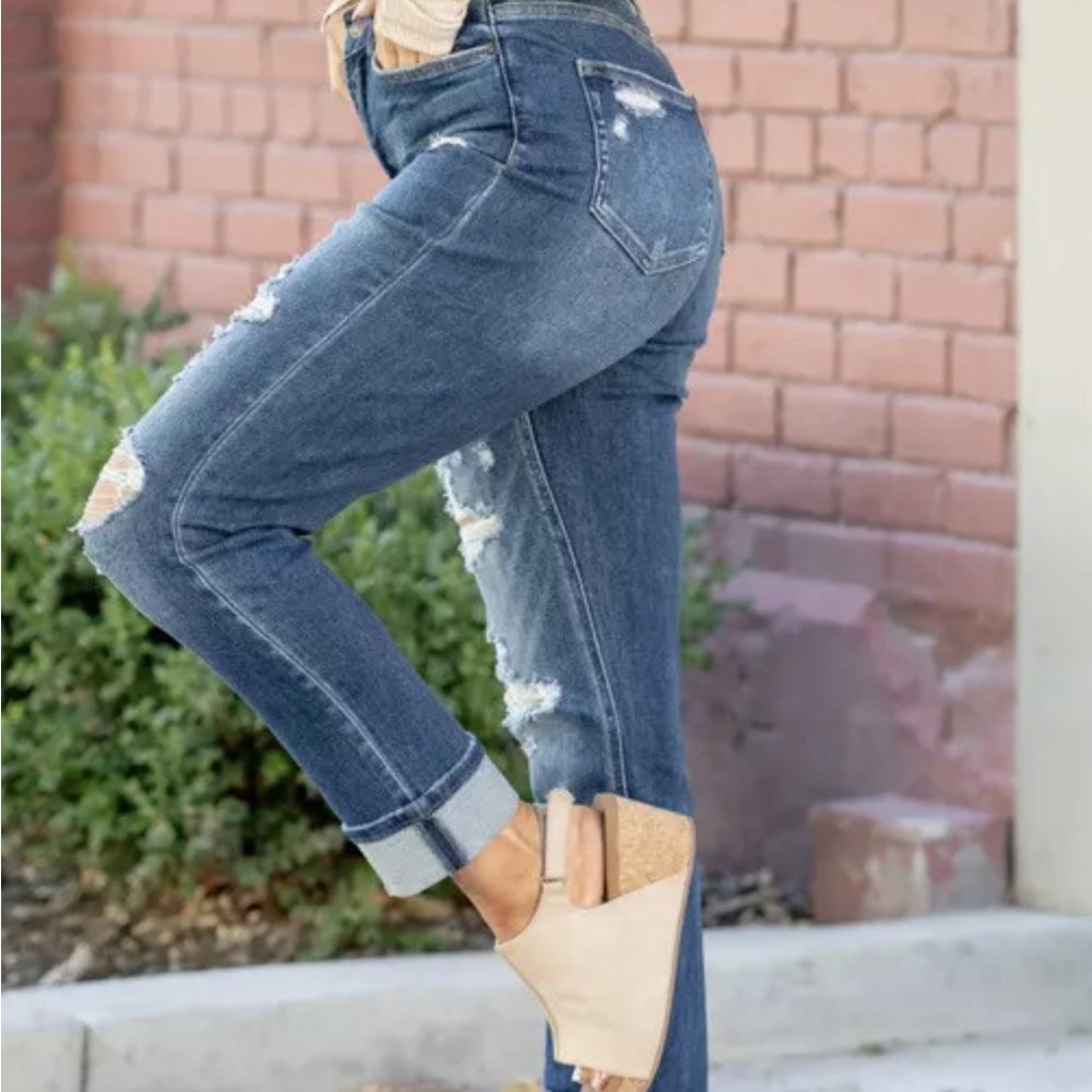 Mia‎ High Rise Mom Cuffed Dark Blue Wash Jeans - 27 - Picture 4 of 10